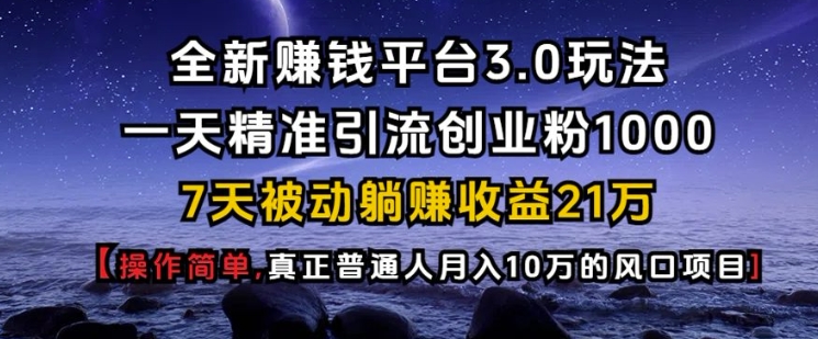全新赚钱平台3.0玩法一天精准引流创业粉1000.7天被动躺Z收益21W【仅揭秘】-数智网创