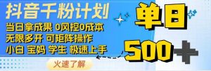 抖音千粉计划，日入500+，包落地，当日拿成果-数智网创