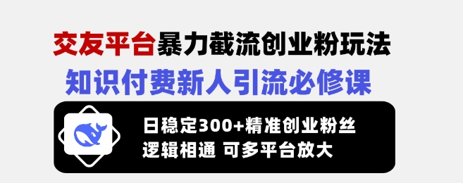 交友平台暴力截流创业粉玩法，知识付费新人引流必修课，日稳定300+精准创业粉丝，逻辑相通可多平台放大-数智网创