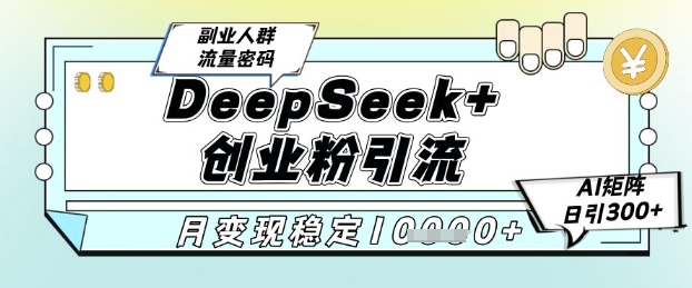 DeepSeek+创业粉精准引流，全新分享课4.0玩法，AI矩阵日引300+，多种变现方式，稳定月入1W-数智网创