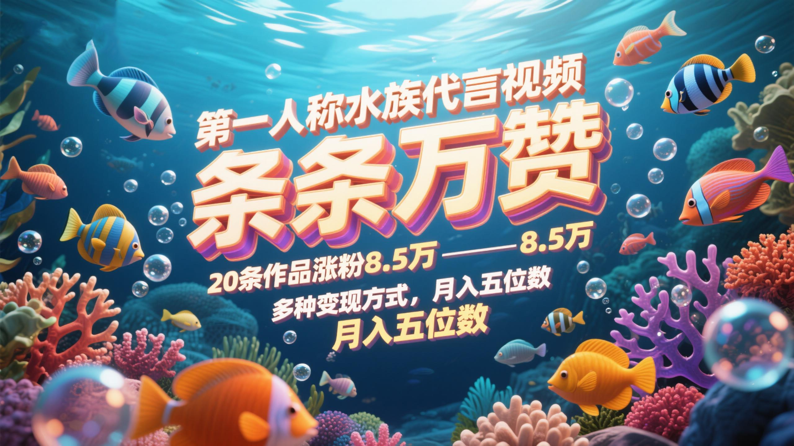 第一人称水族代言视频，条条万赞，20条作品涨粉8.5万，多种变现方式月，入五位数-数智网创