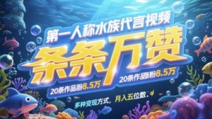 第一人称水族代言视频,条条万赞,20条作品涨粉7.8W,多种变现方式月入五位数-数智网创