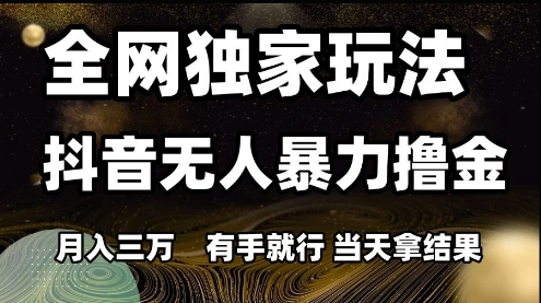 全网独家玩法抖音无人暴力撸金，月入3W，有手就行，当天拿结果【揭秘】-数智网创
