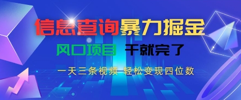 信息查询暴力掘金，一天三条视频，轻松变现四位数，风口项目干就完了【揭秘】-数智网创