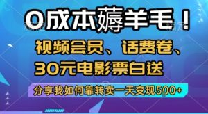 0成本薅羊毛!视频会员、话费卷、30元电影票白送，分享我如何靠转卖一天变现5张+【揭秘】-数智网创