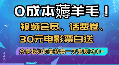 0成本薅羊毛!视频会员、话费卷、30元电影票白送,分享我如何靠转卖一天变现5张+【揭秘】-数智网创