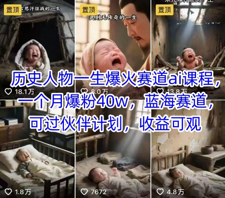 历史人物一生爆火赛道ai课程，一个月爆粉40w，蓝海赛道，可过伙伴计划，收益可观-数智网创