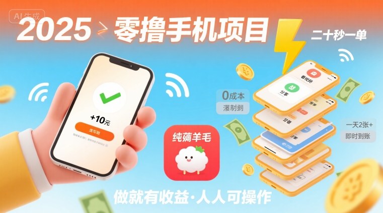 2025年零撸手机项目，二十秒一单，纯薅羊毛 一天2张+做就有-数智网创