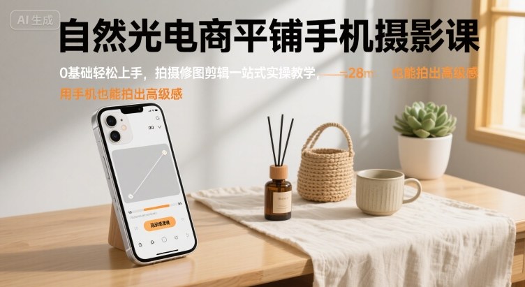自然光电商平铺手机摄影课,0基础轻松上手,拍摄修图剪辑一站式实操教学,用手机也能拍出高级感-数智网创