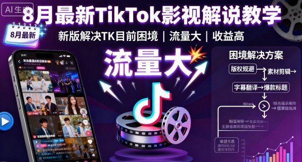 8月最新TikTok影视解说教学,新版解决TK目前困境,流量大,收益高-数智网创