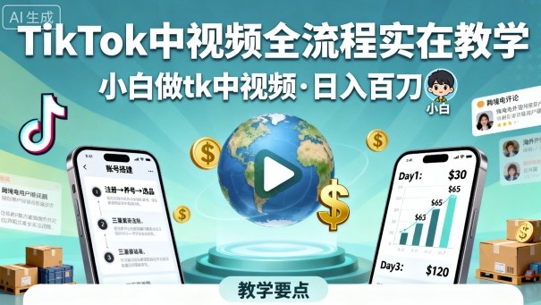 TikTok中视频全流程实操教学,小白做tk中视频,日入百刀-数智网创