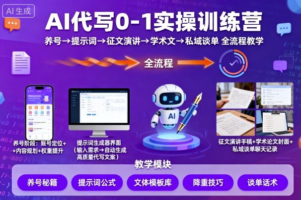 AI代写0-1实操训练营,从养号、提示词、征文演讲、学术文,到私域谈单的全流程教学-数智网创