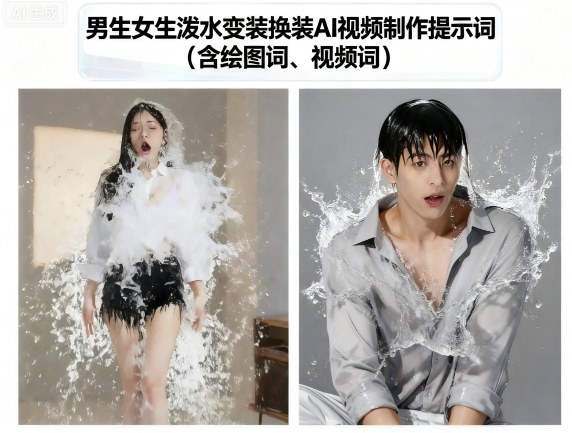 男生女生泼水变装换装AI视频制作提示词(含绘图词、视频词)-数智网创