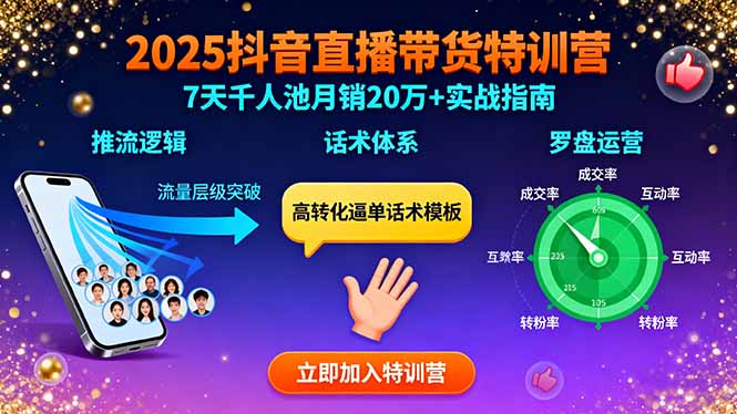 2025抖音直播带货特训：推流逻辑、话术体系、罗盘运营,7天千人池月销20万+-数智网创