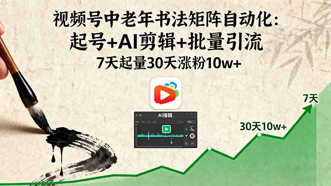 视频号中老年书法矩阵自动化:起号+AI剪辑+批量引流 7天起量30天涨粉10w+-数智网创