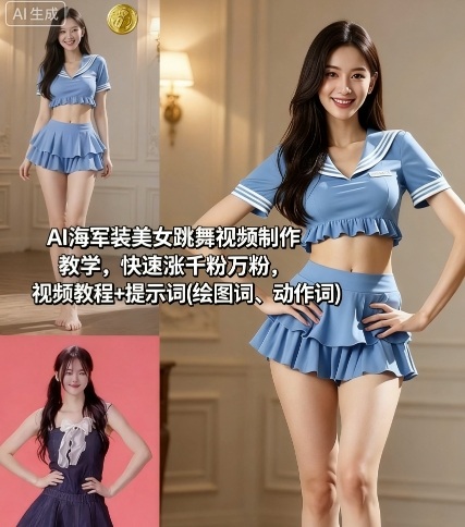 AI海军装美女跳舞视频制作教学，快速涨千粉万粉，视频教程+提示词(绘图词、动作词)-数智网创
