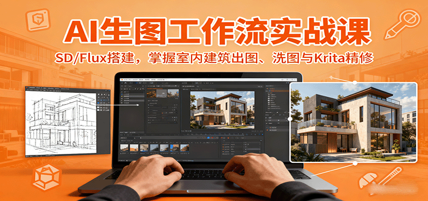 AI生图工作流实战课：SD/Flux搭建，掌握室内建筑出图、洗图与Krita精修-数智网创