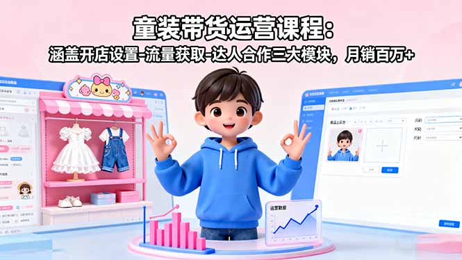童装带货运营课程:涵盖开店设置-流量获取-达人合作三大模块,月销百万+-数智网创