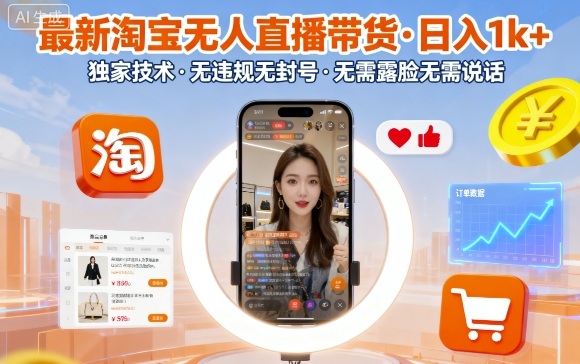最新淘宝无人直播带货，日入1k+，独家技术，无违规无封号，无需露脸无需说话【揭秘】-数智网创
