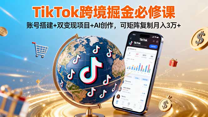 TikTo跨境掘金必修课，账号搭建+双变现项目+AI创作，可矩阵复制月入3万+-数智网创