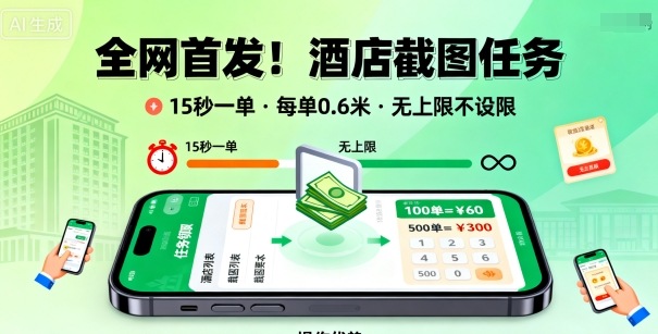 全网首发！酒店截图任务，15秒一单，每单0.6米，任务无上限不设限，矩阵操作单日3张到手【揭秘】-数智网创