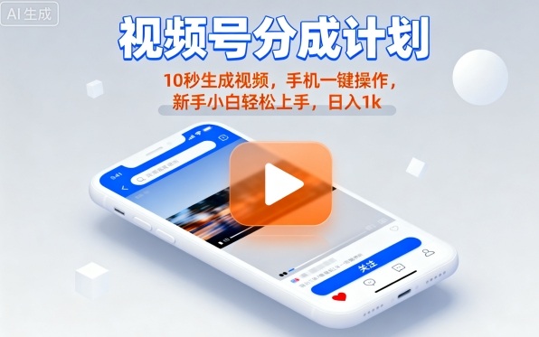 视频号分成计划懒人玩法，10秒生成视频，手机一键操作，新手小白轻松上手，日入1K【揭秘】-数智网创