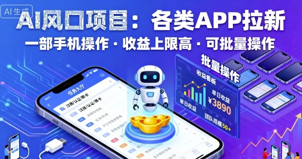 AI风口项目，各类APP拉新，一部手机就可以操作，收益上限高，可批量操作-数智网创