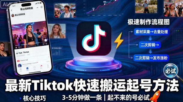最新Tiktok快速搬运快速起号方法，3-5分钟做一条，起不来的号可以试试-数智网创