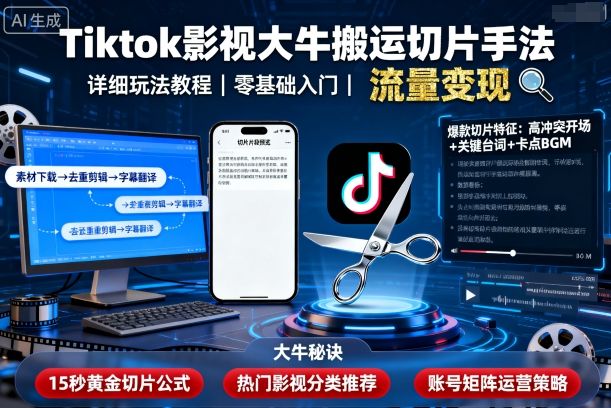 Tiktok影视大牛搬运切片手法，详细玩法教程-数智网创