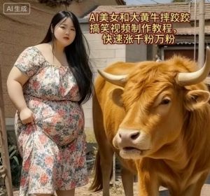 AI美女和大黄牛摔跤搞笑荒诞视频制作教程，快速涨千粉万粉-数智网创