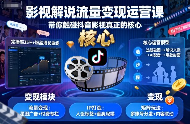 影视解说流量变现运营课,带你触碰抖音影视真正的核心-数智网创