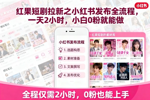 红果短剧拉新之小红书发布全流程,一天2小时,小白0粉就能做-数智网创