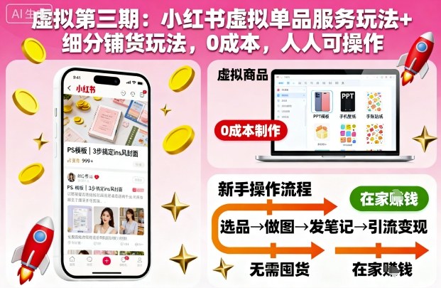 虚拟第三期：小红书虚拟单品服务玩法+细分铺货玩法，0成本，人人可操作-数智网创