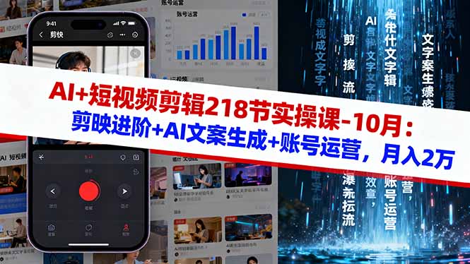 AI+短视频剪辑218节实操课-10月:剪映进阶+AI文案生成+账号运营,月入2万-数智网创