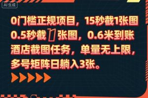 0门槛正规项目,15秒截1张图,0.6米到账,酒店截图任务,单量无上限,多号矩阵日躺入3张【揭秘】-数智网创