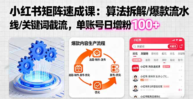 小红书矩阵起号速成课:算法拆解/爆款流水线/关键词截流 单账号日增粉100+-数智网创