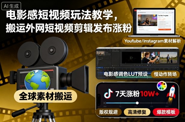 电影感短视频玩法教学，搬运外网短视频剪辑发布涨粉-数智网创