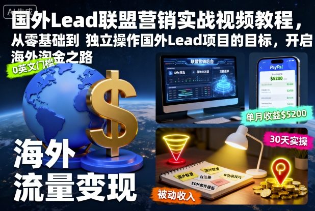 国外Lead联盟营销实战视频教程,从零基础到独立操作国外Lead项目的目标,开启海外淘金之路-数智网创