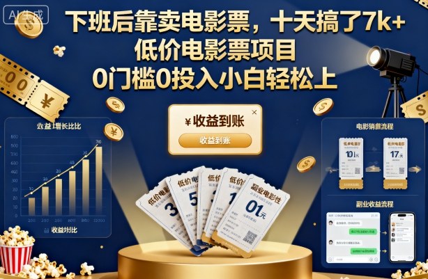 下班后靠卖电影票,十天搞了7k+,低价电影票项目,0门槛0投入小白轻松上手【揭秘】-数智网创