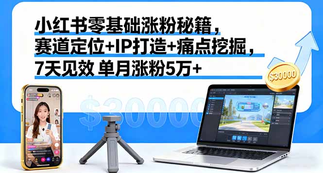 小红书零基础涨粉秘籍，赛道定位+IP打造+痛点挖掘，7天见效 单月涨粉5万+-数智网创