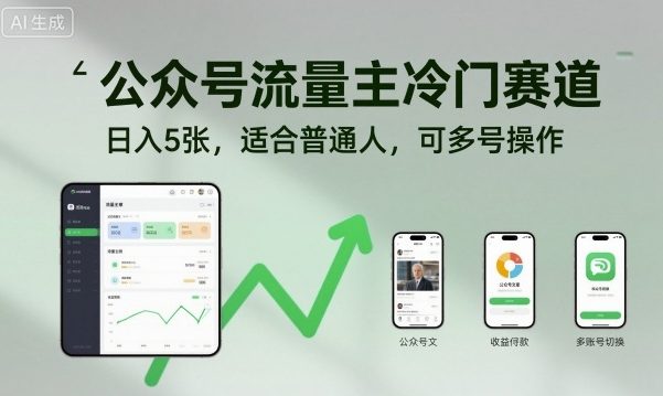 公众号流量主冷门赛道，日入5张，适合普通人，可多号操作-数智网创