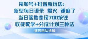 视频号加抖音新玩法：爆火新型每日语录，收徒教学加分成计划，三种变现玩法，当日变现7张-数智网创