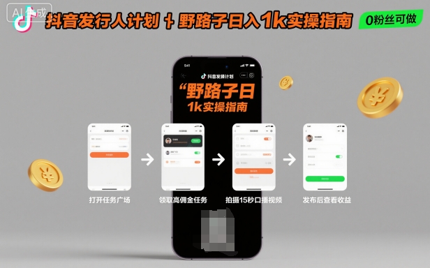 抖音发行人计划全新野路子玩法，随时随地，只要有手机，就能操作，日入1k+【揭秘】-数智网创