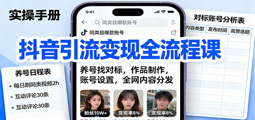 抖音引流变现全流程课:养号找对标,作品制作,账号设置,全网内容分发-数智网创