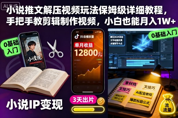 小说推文解压视频玩法保姆级详细教程，手把手教剪辑制作视频，小白也能月入1W+-数智网创
