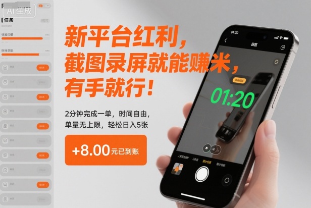 新平台红利,截图录屏就能賺米,有手就行!2分钟完成一单,时间自由,单量无上限,轻松日入5张【揭秘】-数智网创
