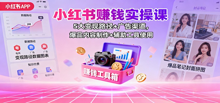 小红书赚钱实操课：5大变现路径+广告渠道，爆品内容制作+辅助工具使用-数智网创