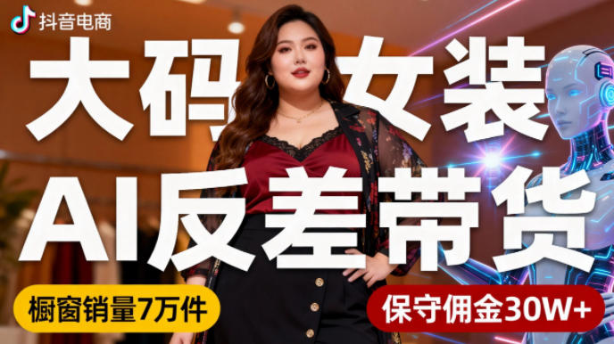 抖音小众赛道,大码女装AI反差带货,不用直播,每天6条作品,橱窗卖7万件,保守佣金30W+-数智网创
