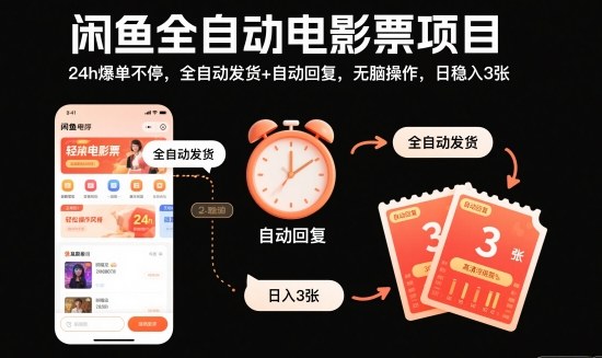 闲鱼全自动电影票项目，24h爆单不停，全自动发货+自动回复，无脑操作，日稳入3张【揭秘】-数智网创