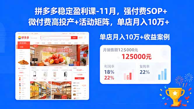 拼多多稳定盈利课-11月，强付费SOP+微付费高投产+活动矩阵，单店月入10万+-数智网创